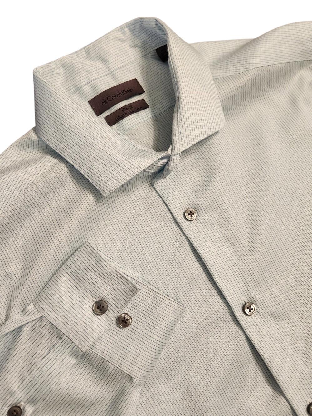 Calvin Klien Men Slim Fit Non-Iron Micro-Plaid Grid Check Blue Dress Shirt 15.5
